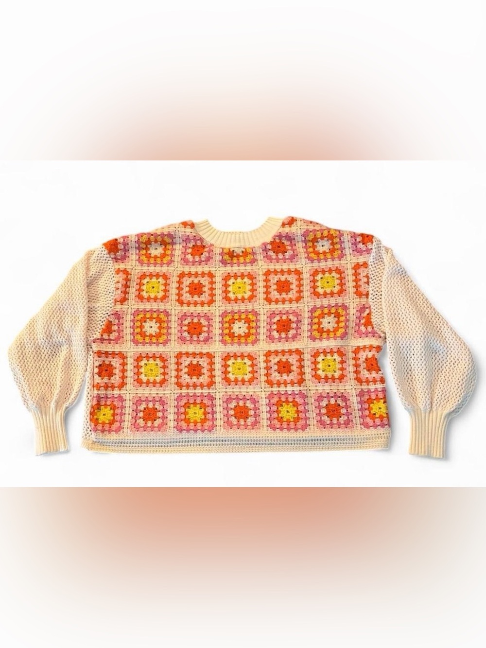 Zara womens Lg chenille crocheted pink, orange, + yellow granny square sweater - Picture 5 of 7